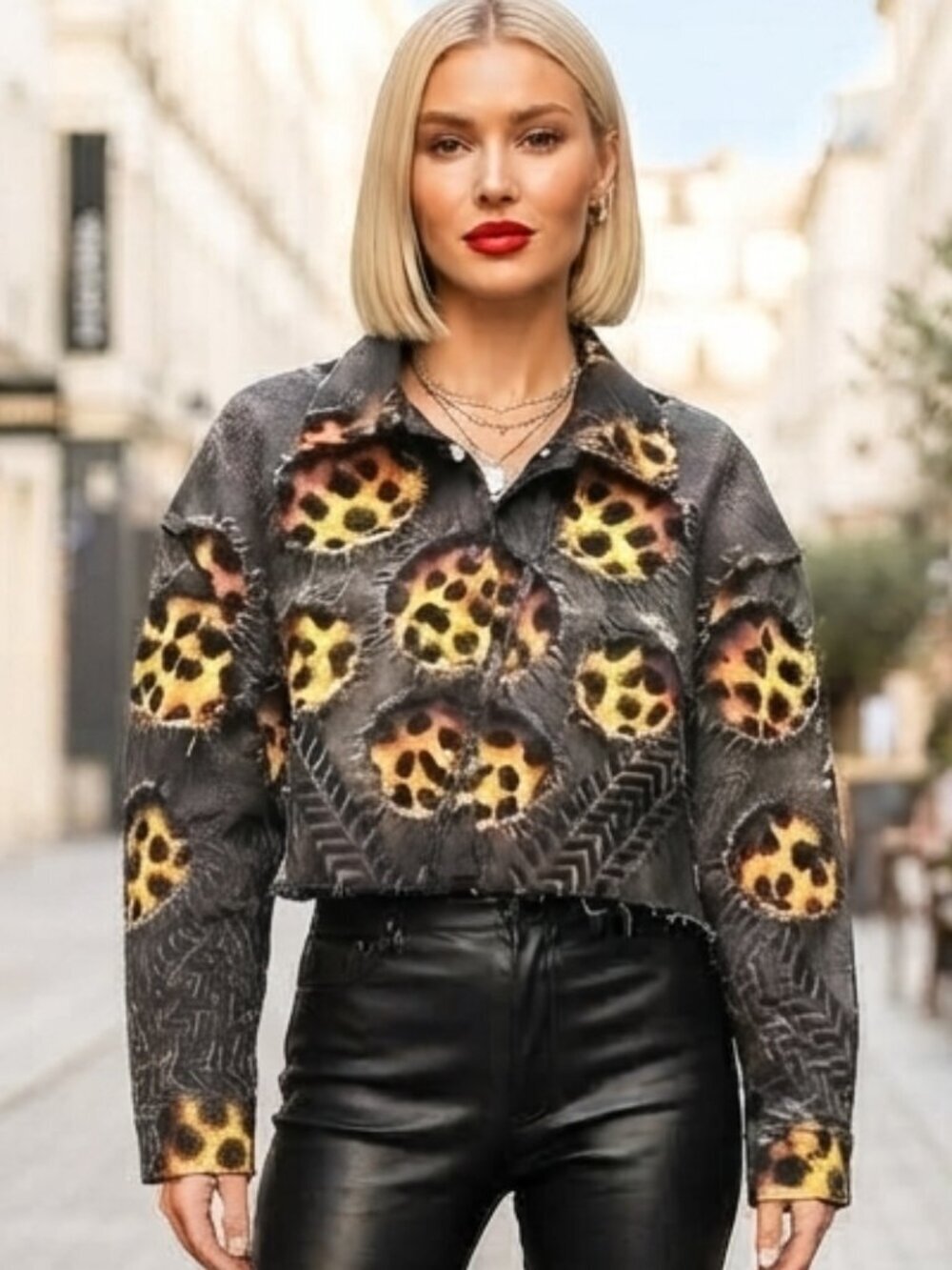 Leopard Print Crop Jacket Black Cotton Long Sleeve Streetwear Size xL Grunge